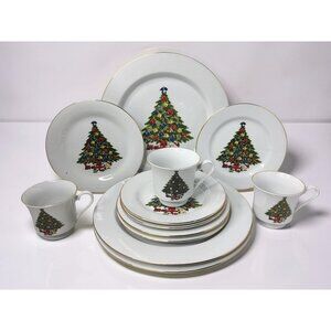 Vintage 12pc.Sea Gull Fine China Christmas Tree Gold Rim Dinner Set